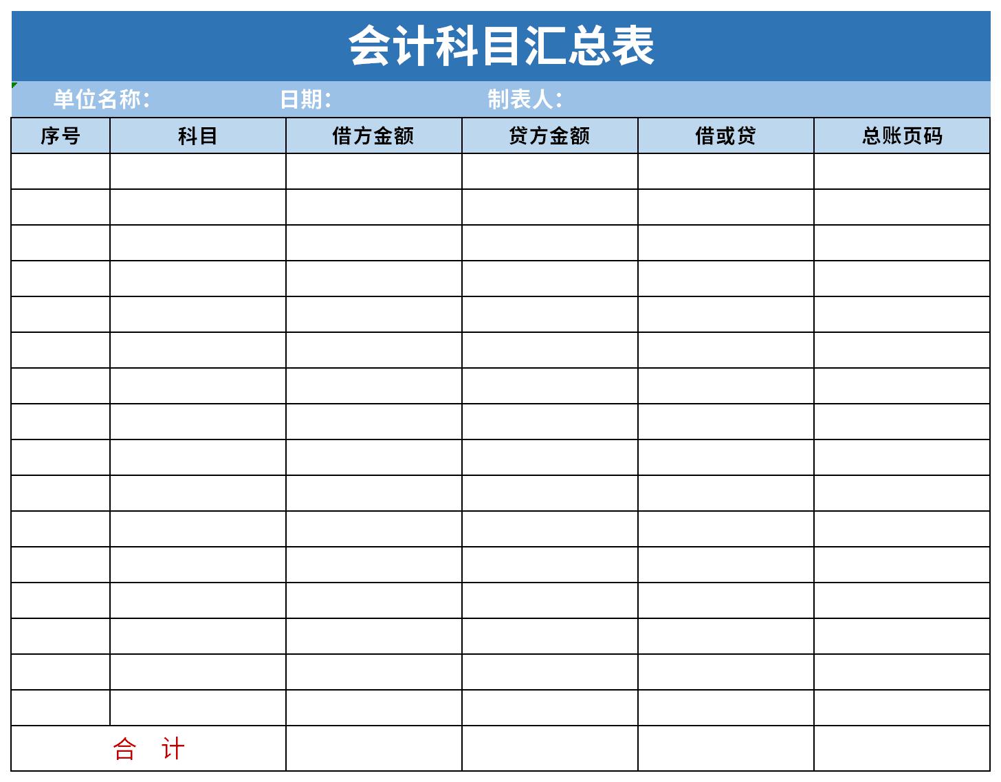 会计科目汇总表截图